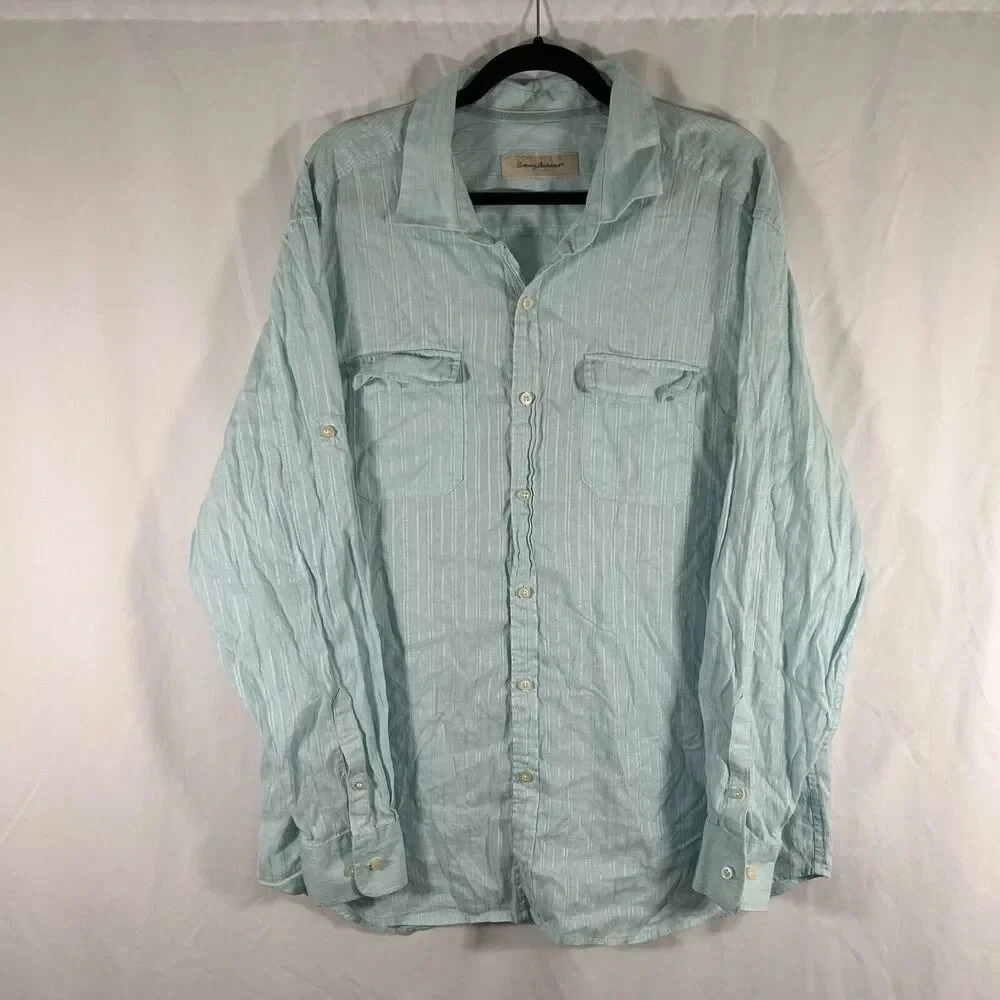 Tommy Bahama Linen Blend Shirt Men's XL Blue Button Up Long Sleeve Pockets
